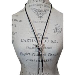 Old Country Western Silver & Black Saddle Leather Bolo Neck Tie Made In USA